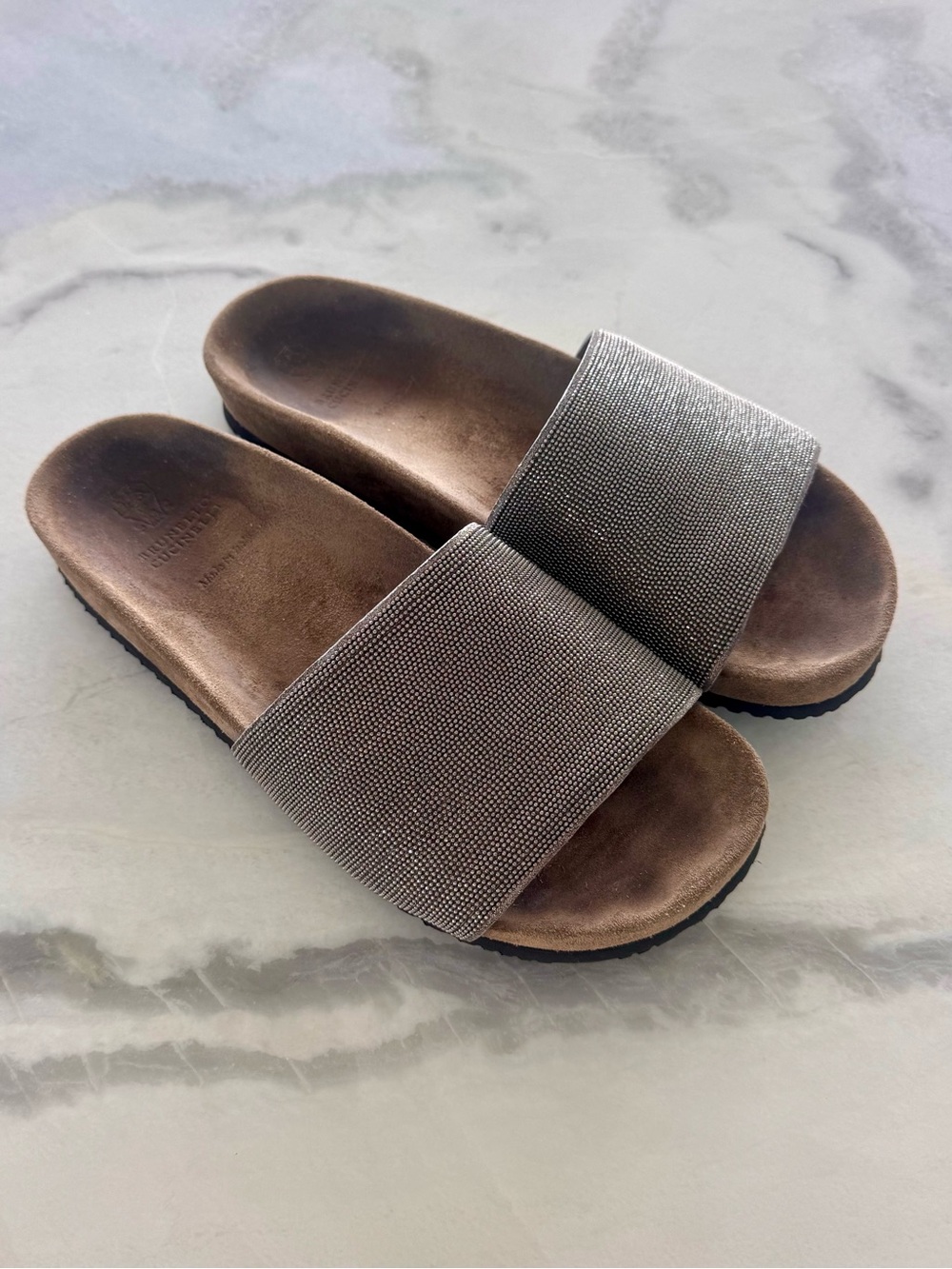 Brunello Cucinelli Monili Beaded Suede Slide Sandals Brown 37
